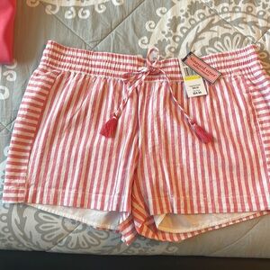 Coral and white striped drawstring cotton lined shorts